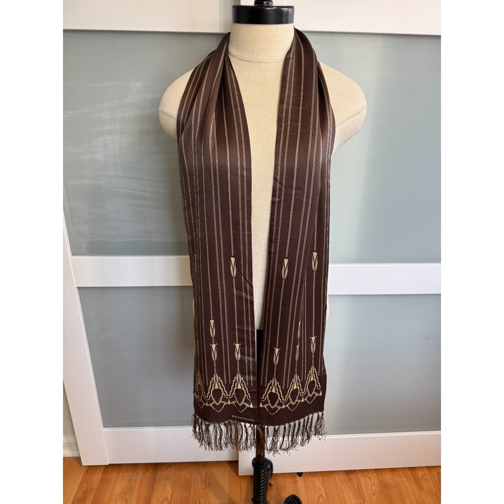 RARE Vintage NWT Ralph Lauren Purple Label 100% Silk Scarf Brown Fringe Art Deco